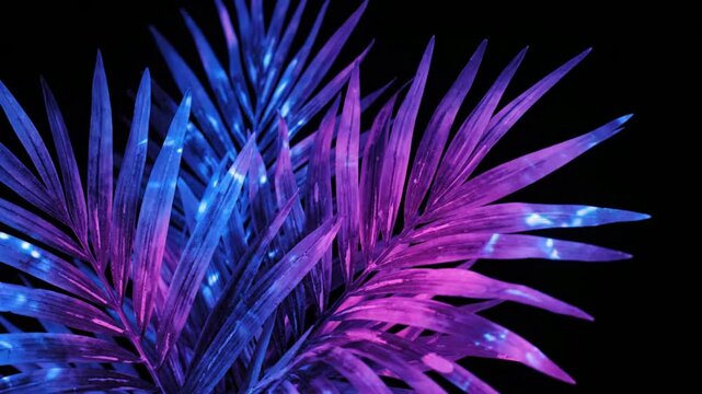 Neon palm leaves with vibrant blue and purple light glow on black background, tropical synthwave aesthetic motion background