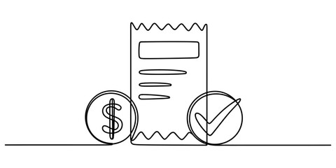 Continuous line drawing of a receipt with a dollar sign coin and a check mark © ShemoliRani