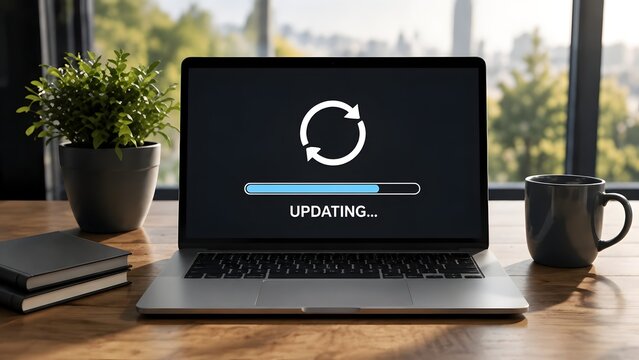 Laptop computer on a wooden office desk displaying a software system update progress bar on the screen during daytime