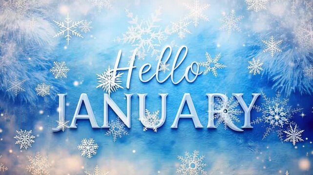 Hello january with frosty blue background falling snowflakes delicate typography evokes serene winter wonderland atmosphere
