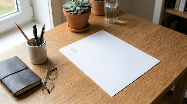 Blank sketchbook page with drawing pencils on wooden table