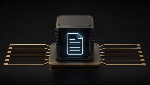 Digital document icon glowing on a high tech processor symbolizing electronic data storage and secure file management
