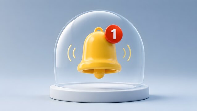 3D yellow notification bell icon trapped inside a glass dome symbolizing digital detox and silencing online distractions