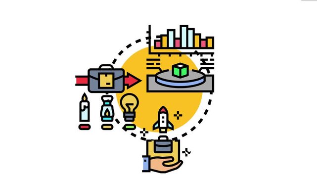 Beta product testing process icon depicting a product being evaluated on a platform, analyzing data, and iterating through development ideas from basic to advanced for market launch