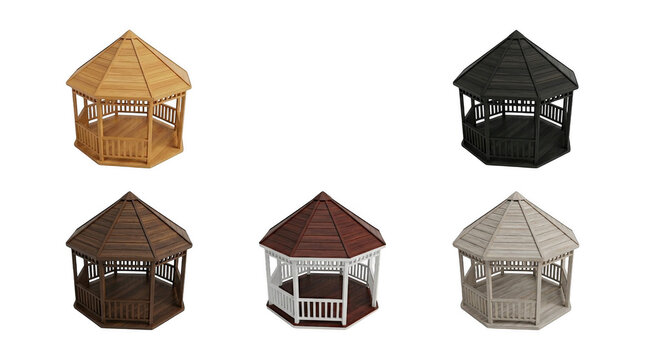 Set of colorful wooden garden gazebo structures displayed from different angles isolated on white background