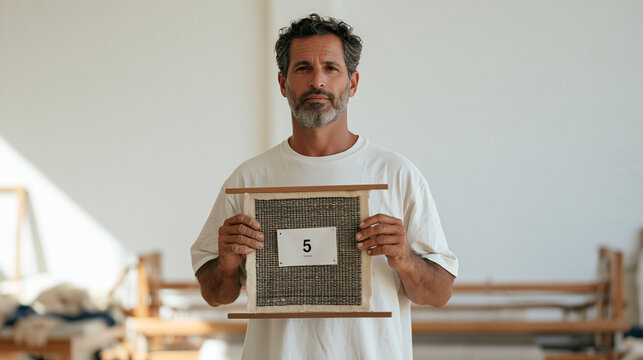 Textile weaver standing against sterile white background holding finished loom sample wearing race bib numbered five kilometers, posture upright and proud, callused fingers