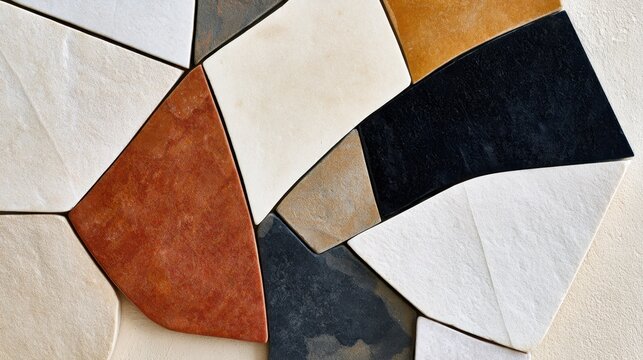 Closeup stone mosaic texture with irregular slate and sandstone tiles for architectural background and surface design