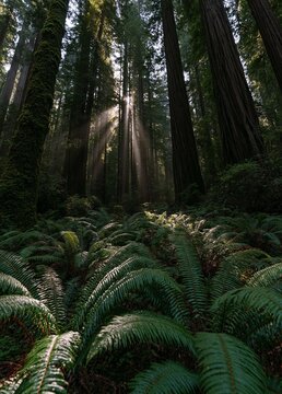 Photograph of a dense forest with tall trees and ferns. the sunlight is shining through the trees, creating a beautiful and serene atmosphere.