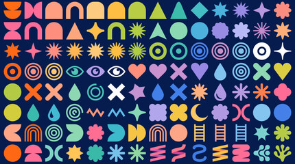 Fototapeta premium Colorful geometric shapes pattern on dark background with modern abstract symbols and icons
