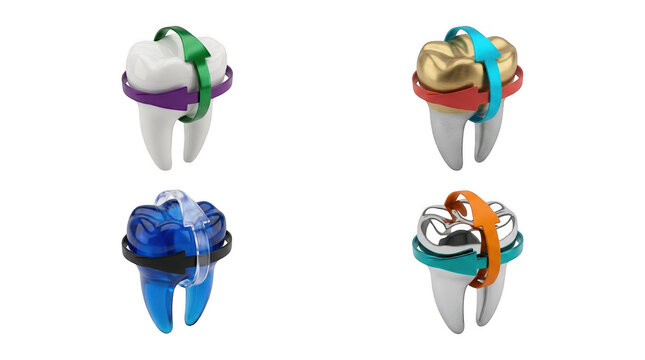 Set of abstract human teeth models wrapped in colorful rings isolated on a white background with teeth model
