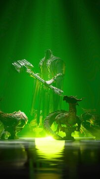 3D Render of Hooded Warrior with Weapon and Dragons in Green Sanctuary