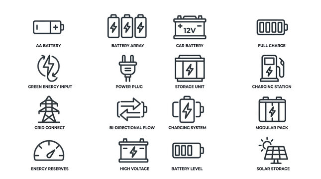 Energy storage and battery technology outline icons.
