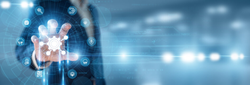 Software Engineer hand holding interface with API and data networking, application programming interface integration, software architecture, cloud computing service, system connectivity.