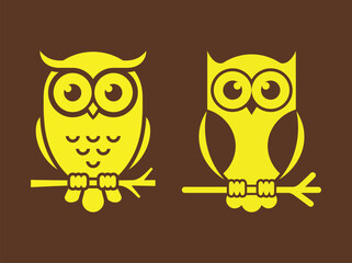 Fototapeta premium Charming yellow cartoon owls one sleeping peacefully one awake perched on brown background branch vector illustration