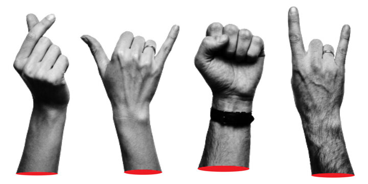 Halftone pop art hands gesture set with finger heart, shaka hang loose, raised fist and rock on devil horns