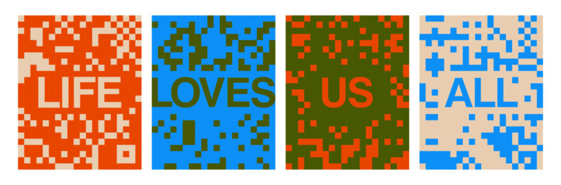 Abstract pixel art cards with 8-bit patterns, bold letters. Modern retro posters with 8bit pixelart square blocks, video game digital texture, pixelated mosaic backgrounds. Flat vector illustrations.