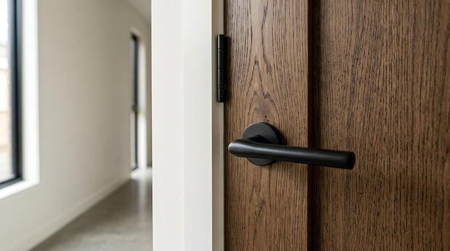 Modern black door handle on textured dark wood door