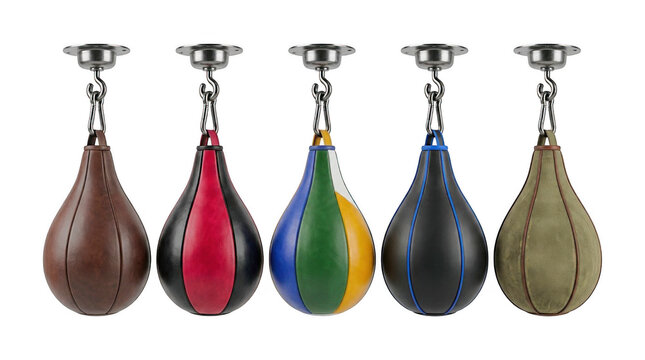 Leather speed bags in various colors hanging from metallic mounts on a white background with boxing equipment
