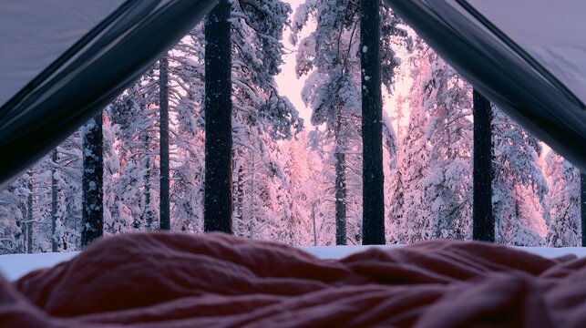 Cozy winter escape a snow forest view through tent window peaceful warm light serene landscape