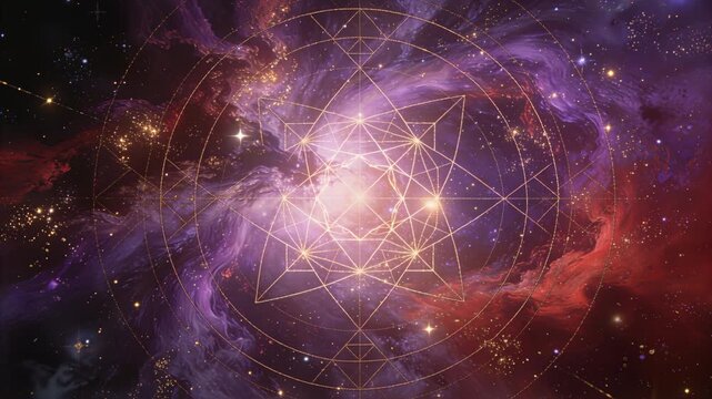 Sacred geometry symbol overlaying colorful cosmic background representing universal harmony spirituality and infinite knowledge.