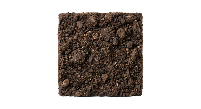 Close-up view of a square block of rich, dark soil with visible pebbles and roots