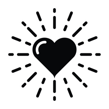 Black heart symbol with sunburst lines, love and passion icon
