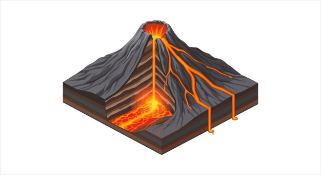 Volcano cross section showing magma chamber and lava flow.