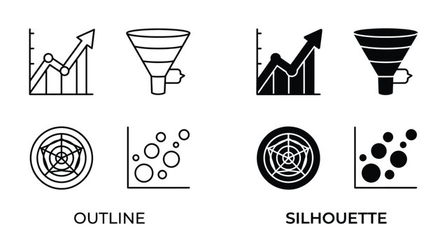 Icons for Data Analysis and Business Growth: A collection of outline and silhouette icons representing data charts, funnels, and scatter plots, symbolizing analysis, process, and growth.