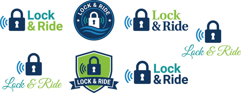 Set of modern logo designs for a smart lock and ride security service featuring padlock icons with signal waves and stylized typography in blue and green colors
