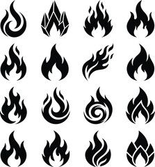 Naklejka premium Black fire flame silhouettes set hot blaze and bonfire icons