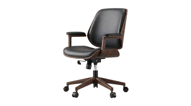 Modern black leather office chair with wooden frame and rolling wheels isolated on transparent background