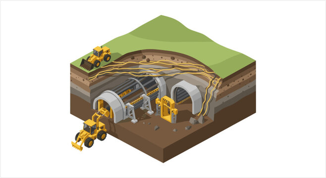 Tunnel construction process with heavy machinery and underground excavation.