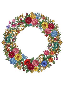 Colorful floral wreath with golden baroque scrolls on white background