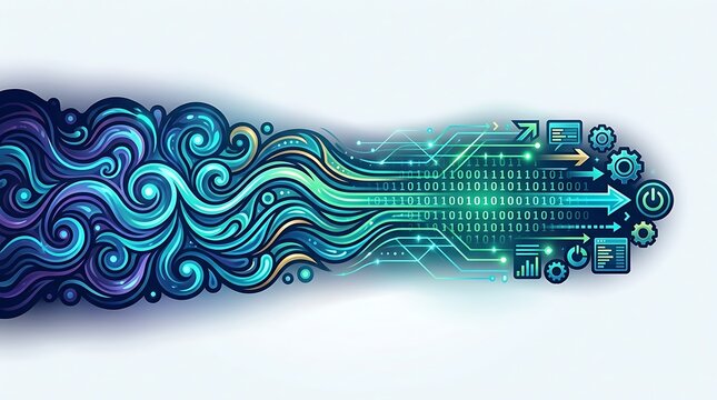 Digital data flow transforming into technology icons