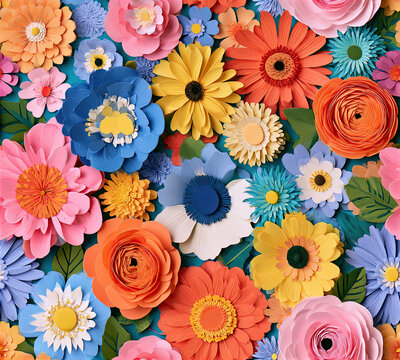 Colorful paper flower arrangement with green leaves