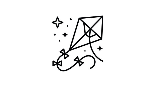 Flying kite with stars and swirls line icon.