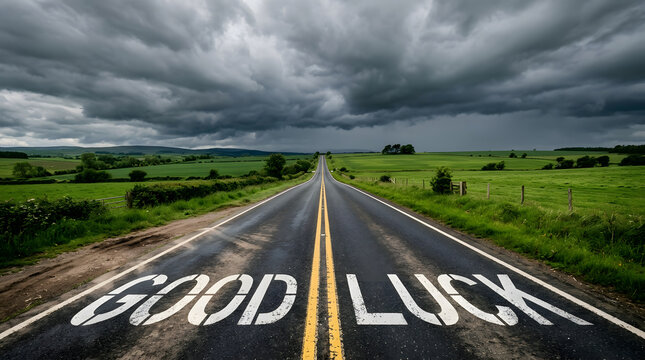 Wet road with painted good luck message leading into stormy