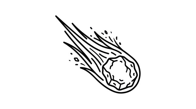 Flying meteor asteroid with long trail line icon.
