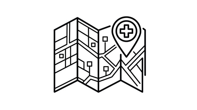 Folded map icon with medical cross location marker.