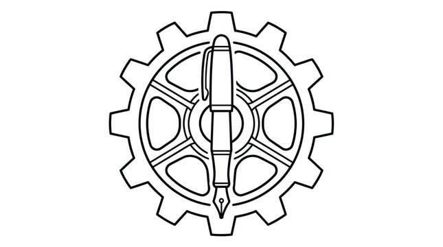 Fountain pen nib inside a mechanical gear.