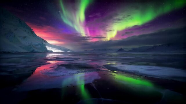 Vibrant Northern Lights Dance Across Icy Landscape Reflecting in Frozen Water at Night