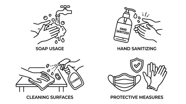 Four categories of hygiene and protective measure icons.
