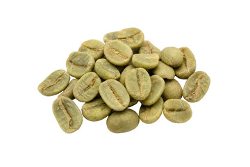Obraz premium Small pile of raw green coffee beans with a visible central groove, captured with bright studio lighting
