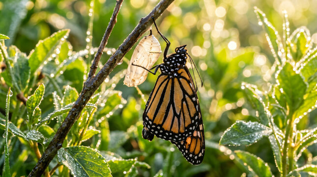 Monarch butterfly resting next to empty chrysalis on a sunlit garden plant