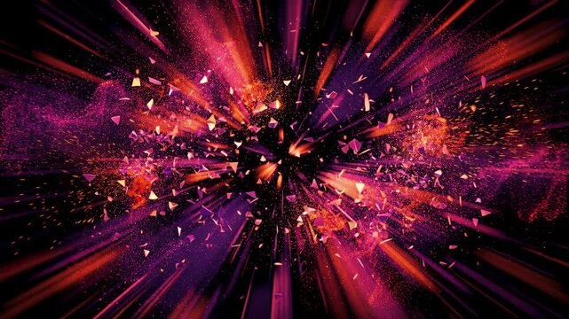 Cosmic particles spreading light rays and shining shards across a dark universe symbolizing universal forces and expansion.