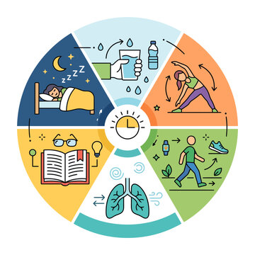 Daily Wellness Habits Circular Infographic Design Featuring Icons for Hydration Exercise Walking Breathing Reading and Sleeping Patterns
