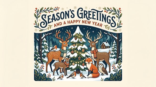Vintage winter greeting card featuring forest animals and snowy tree