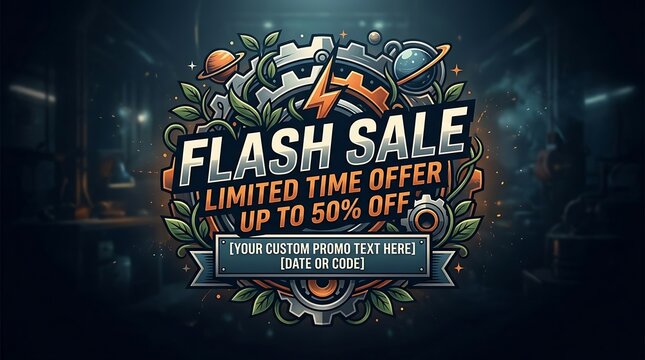 Flash sale promotion banner with gears and cosmic details