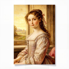 Obraz premium A woman at the window with a dreamy look in a classic style against a landscape background