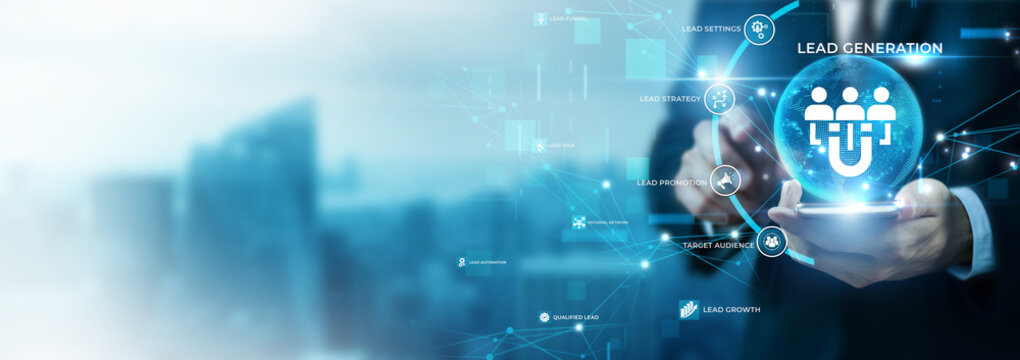 Businessman Using Phone for Lead Generation and Global Data Analysis. Customer Acquisition Strategy, B2B Sales Funnel, Target Audience Prospecting, High Conversion Marketing Campaign